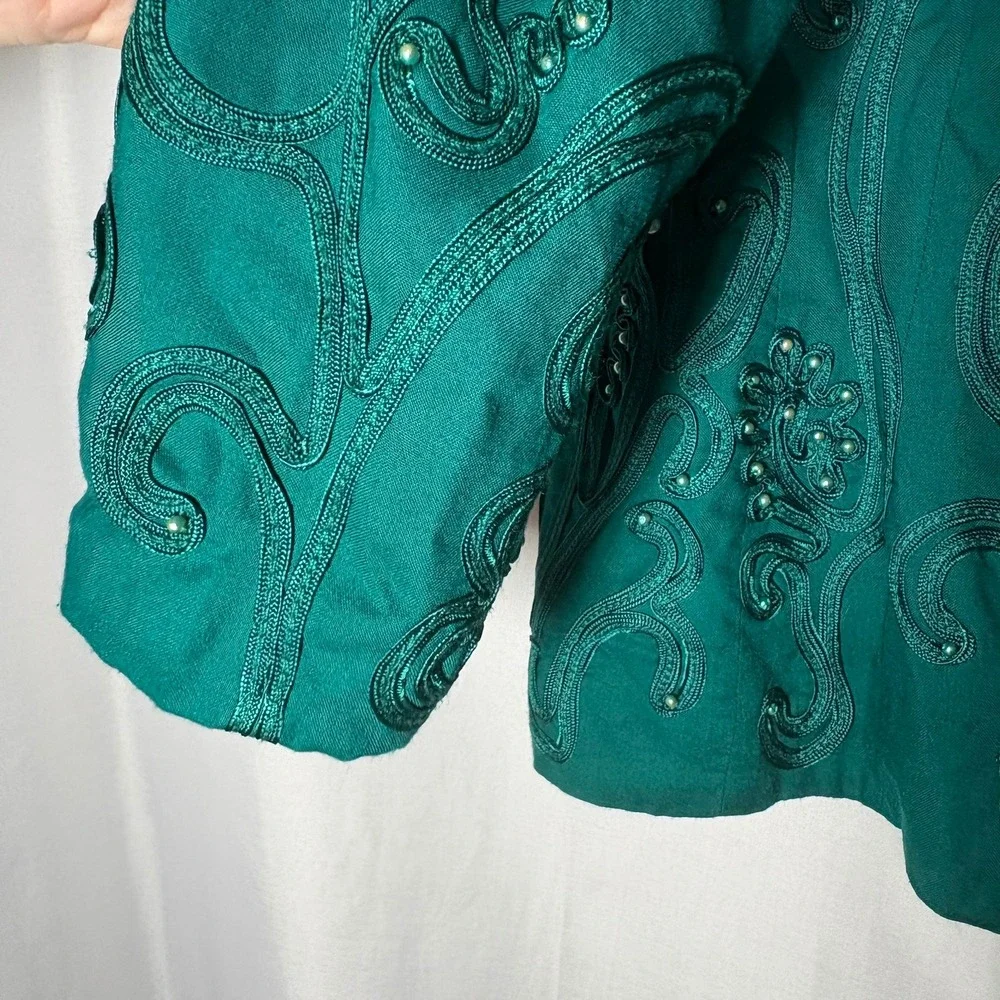 Vintage Marie St Claire Emerald Green Beaded Soutache Evening Jacket Womens 12